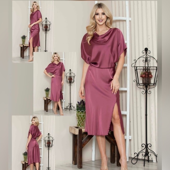 Rose Silky Dress with Side Slit and Elastic Waist - Picture 1 of 1